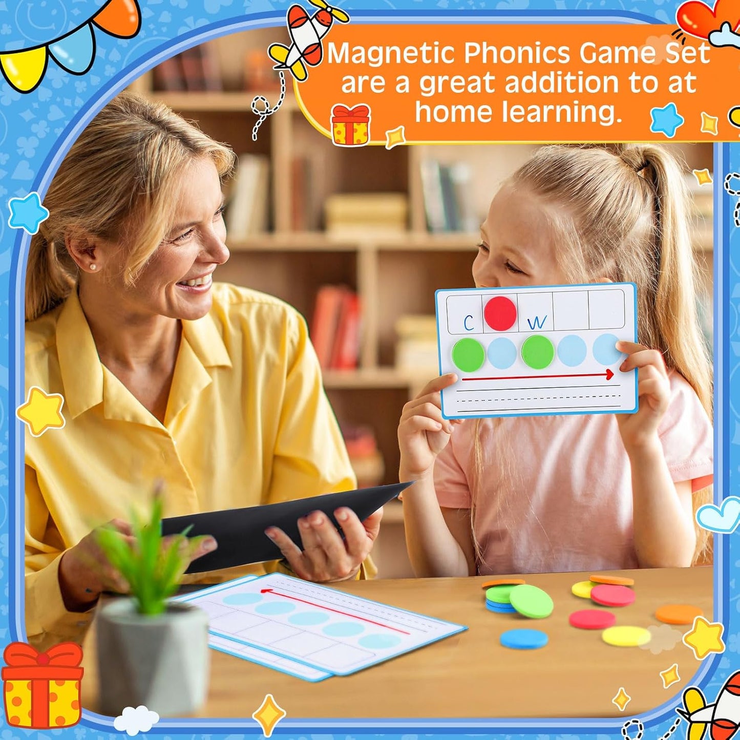 Nezyo 10 Pcs Phonemic Awareness Games Dry Erase Board Phonics Games with Magnetic Button and Pen Educational Gift for Kindergarten Classroom Kids Letter Sound Science Reading (Blue)