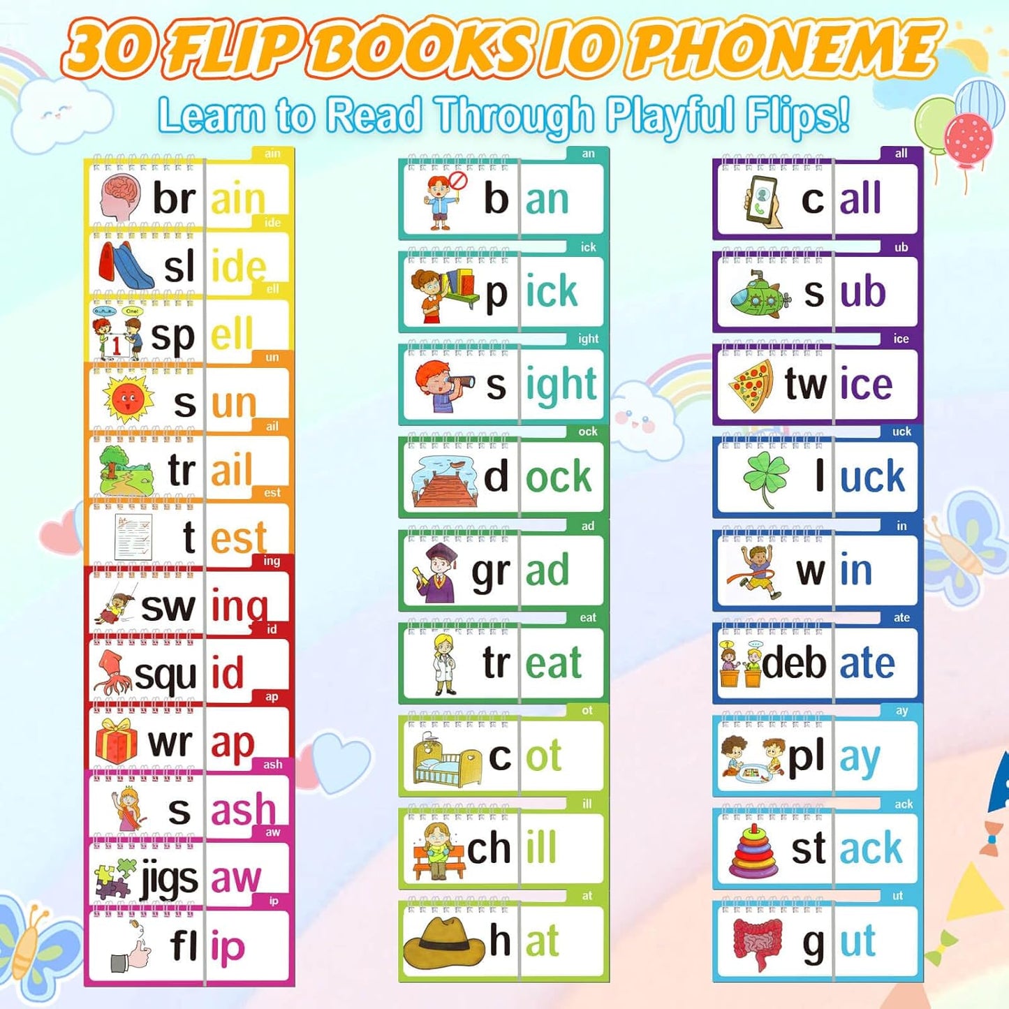 Dolanus 30 Read and Rhyme Flip Books, Word Family ABC Vocabulary Flashcards, Kindergarten Sight Word - Learn to Read Phonics Flash Cards Activity Games, Toys for Kids Toddlers Ages 3-8 Years Old