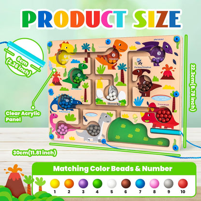 Magnetic Color and Number Maze, Commodum Montessori Counting Matching Learning Puzzle Board, Dinosaur Wooden Magnet Maze Game, Toddler Fine Motor Skills Travel Toys for Boys Girls 3 4 5 Years Old