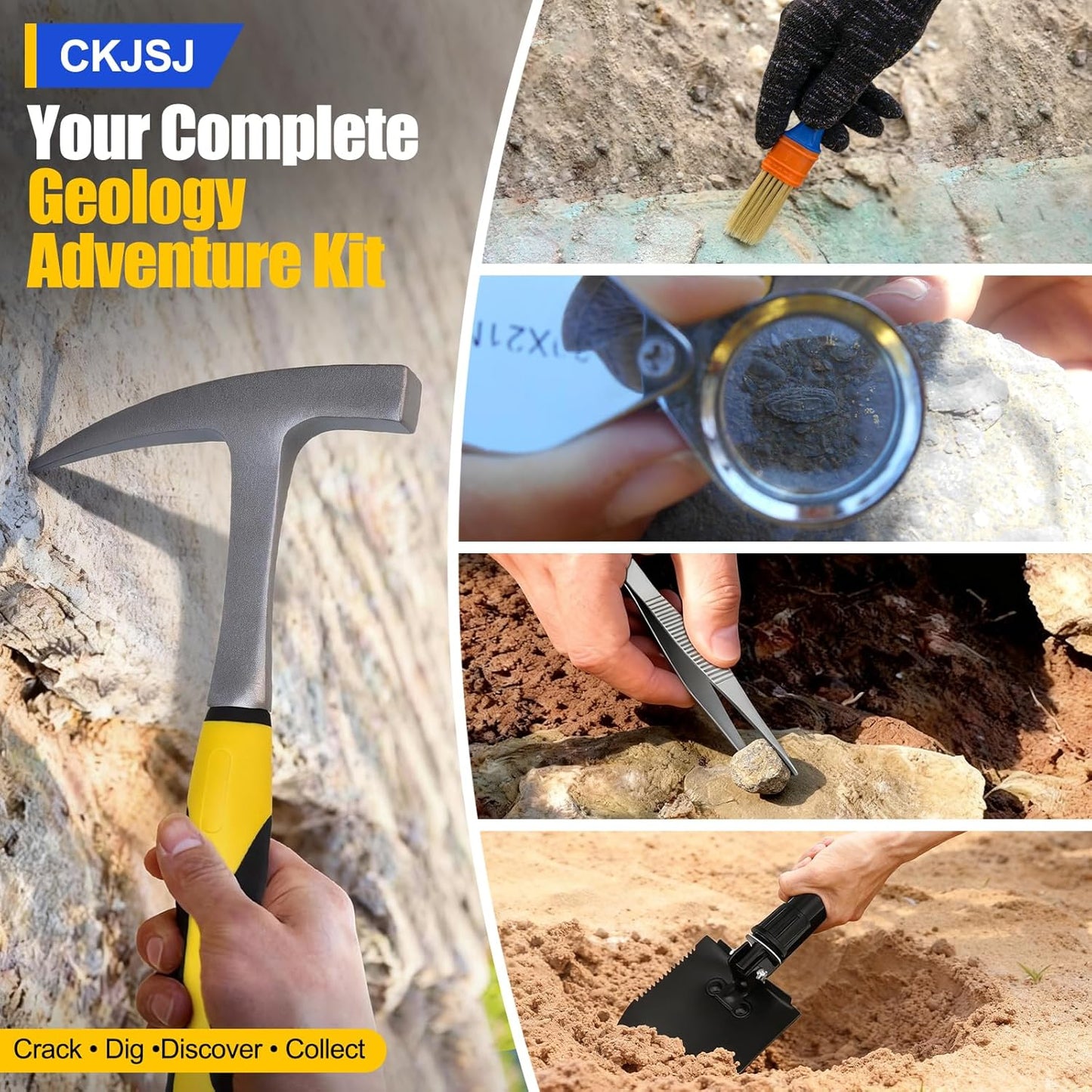 14PCS Geology Rock Hounding Kit, 30oz Rock Pick Hammer with 12" Chisel, Gold Mining & Prospecting Equipment Tool with Backpack, Shovel, Magnifier, Whistle