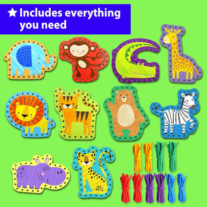 KRAFUN My First Lacing Cards Kit for Toddlers & Kids Age 3+, 10 Safari Animal Arts & Crafts Projects, Fine Motor Skills Toys with Lion Monkey Elephant Tiger Giraffe Hippo Zebra Bear