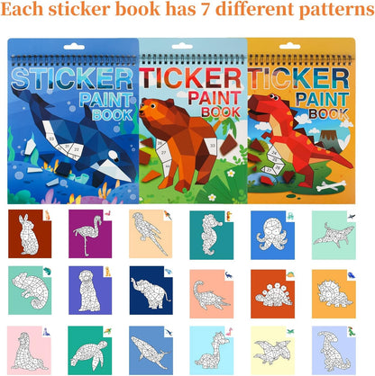 3PCS Sticker Paint Number Books Crafts for Kids Ages 4-8,8-12 Animal Dinosaur Ocean Sticker Book Stickers for Kids Boys Girl Adults for Birthday Party Favors Gift Travel Toy Daycare Activity