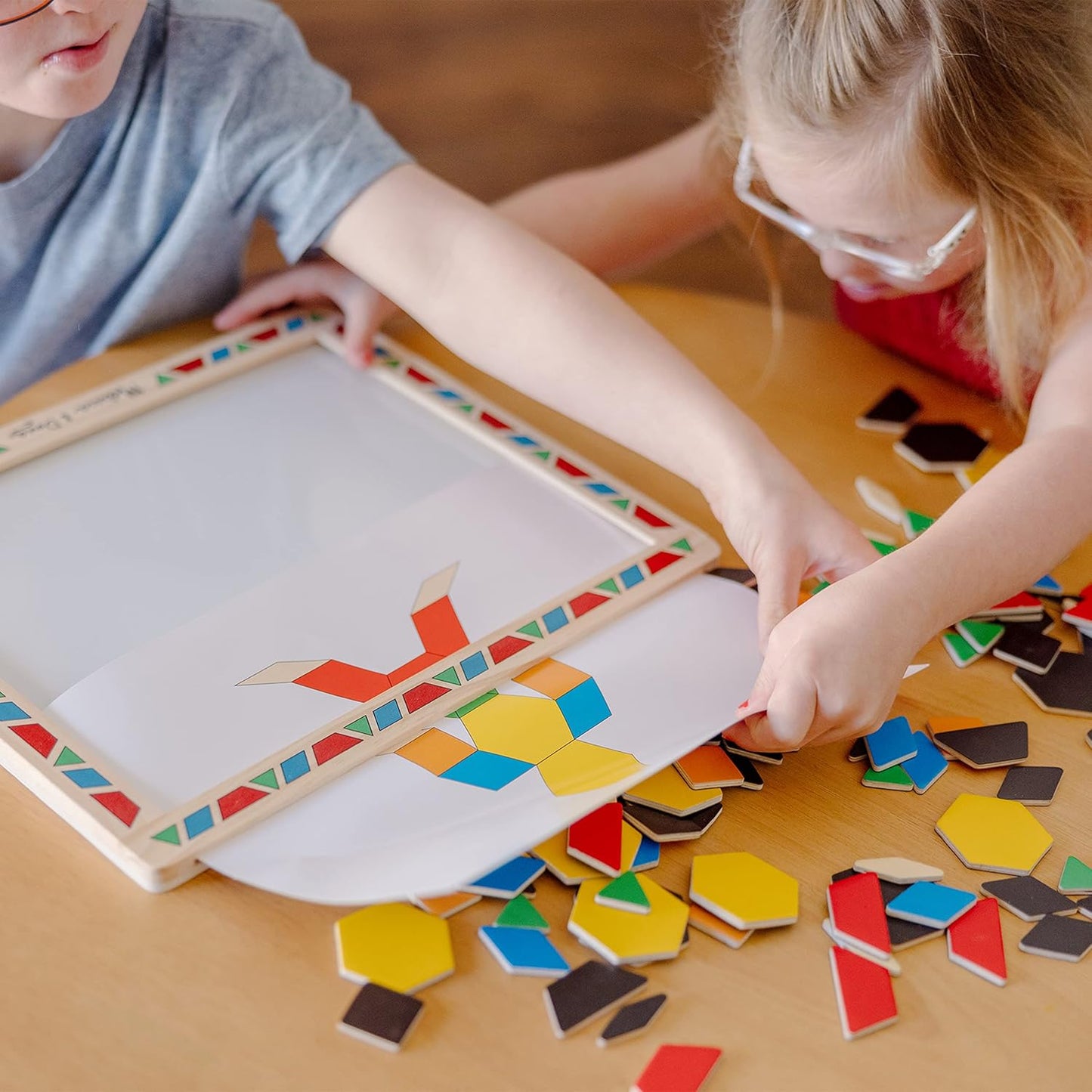 Melissa & Doug Deluxe Wooden Magnetic Pattern Blocks Set - Educational Toy with 120 Magnets and Carrying Case, Multi/None, 1 EA, English Only.