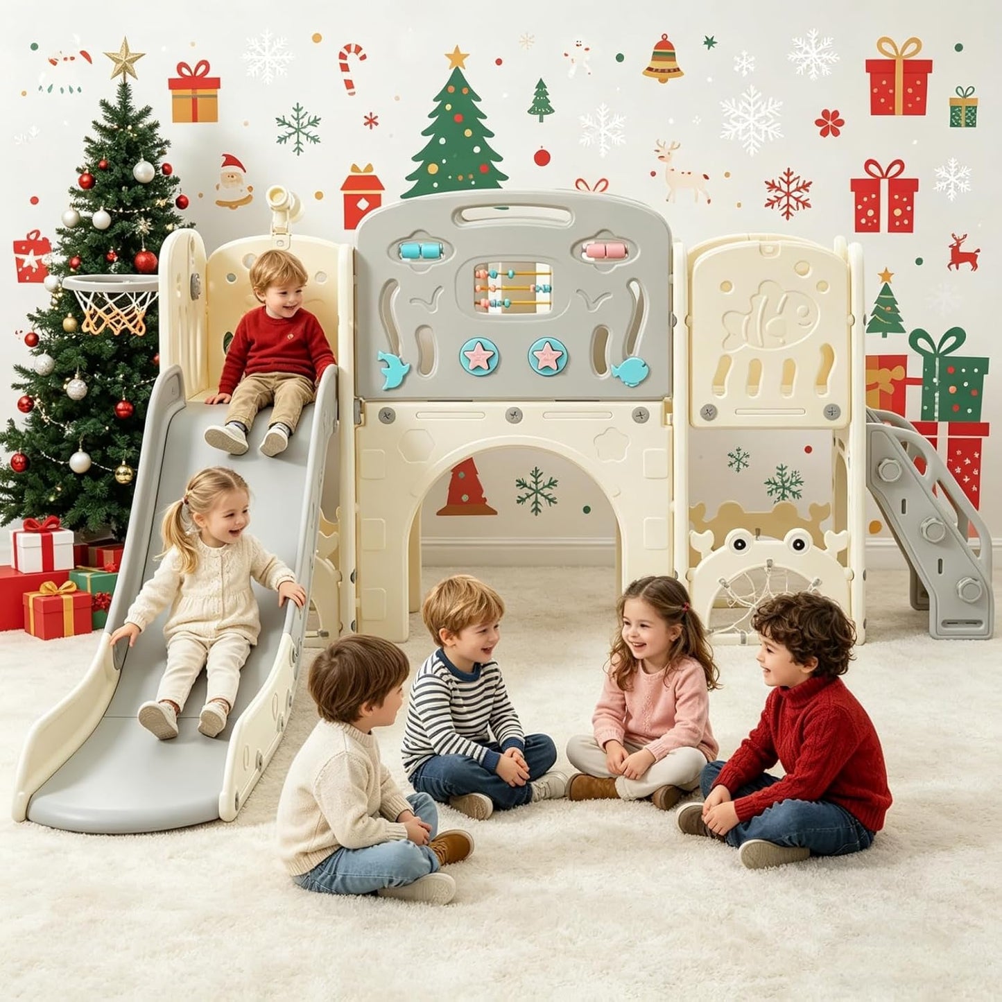 11in 1 Toddler Slide, Kid Slide for Toddlers Age 1-3 with Telescope, Basketball Hoop, and Telescope, Indoor Outdoor Playset Playground Blue Grey