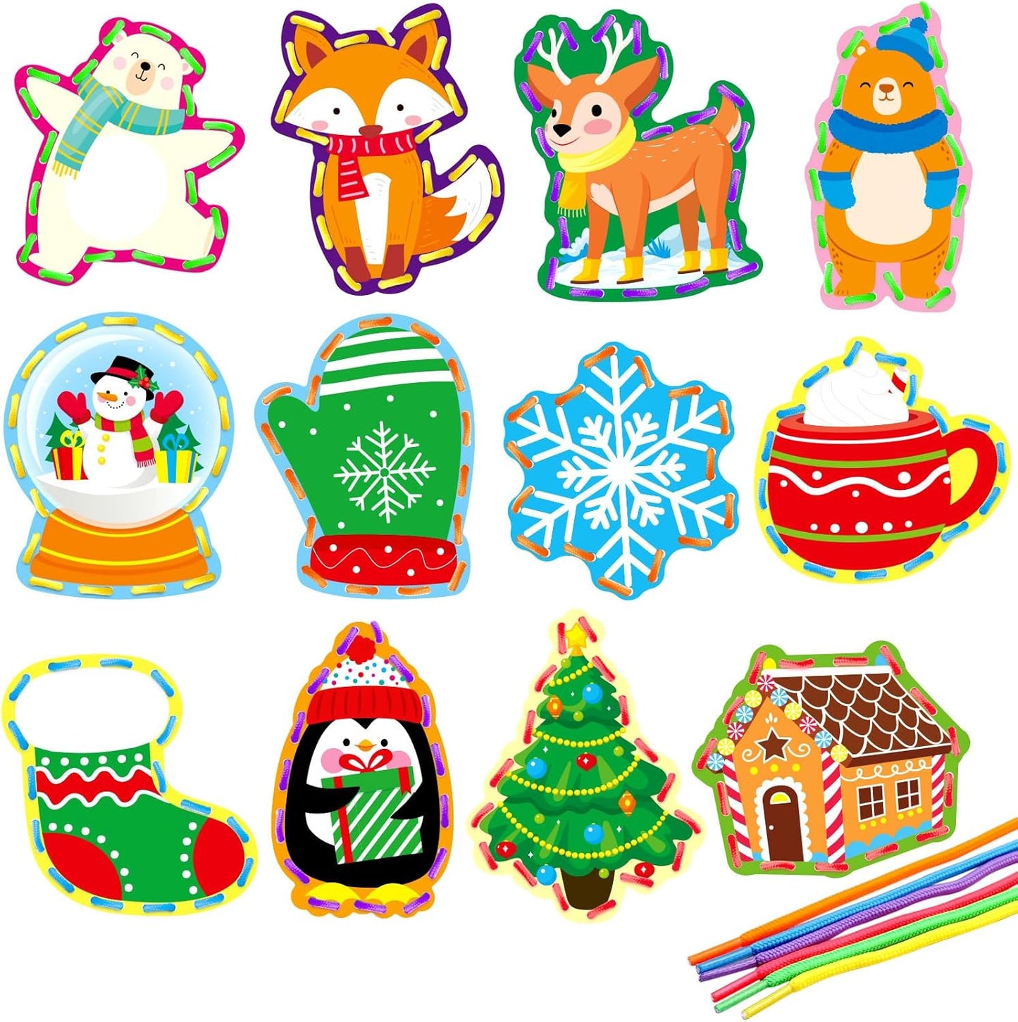 Winter Animal Lacing Cards 12 Packs Sewing Kits for Kids Christmas Cardboard Sewing Cards Lacing Games for Developing Imagination School Learning Activity Supplies Christmas Holiday Party Decorations