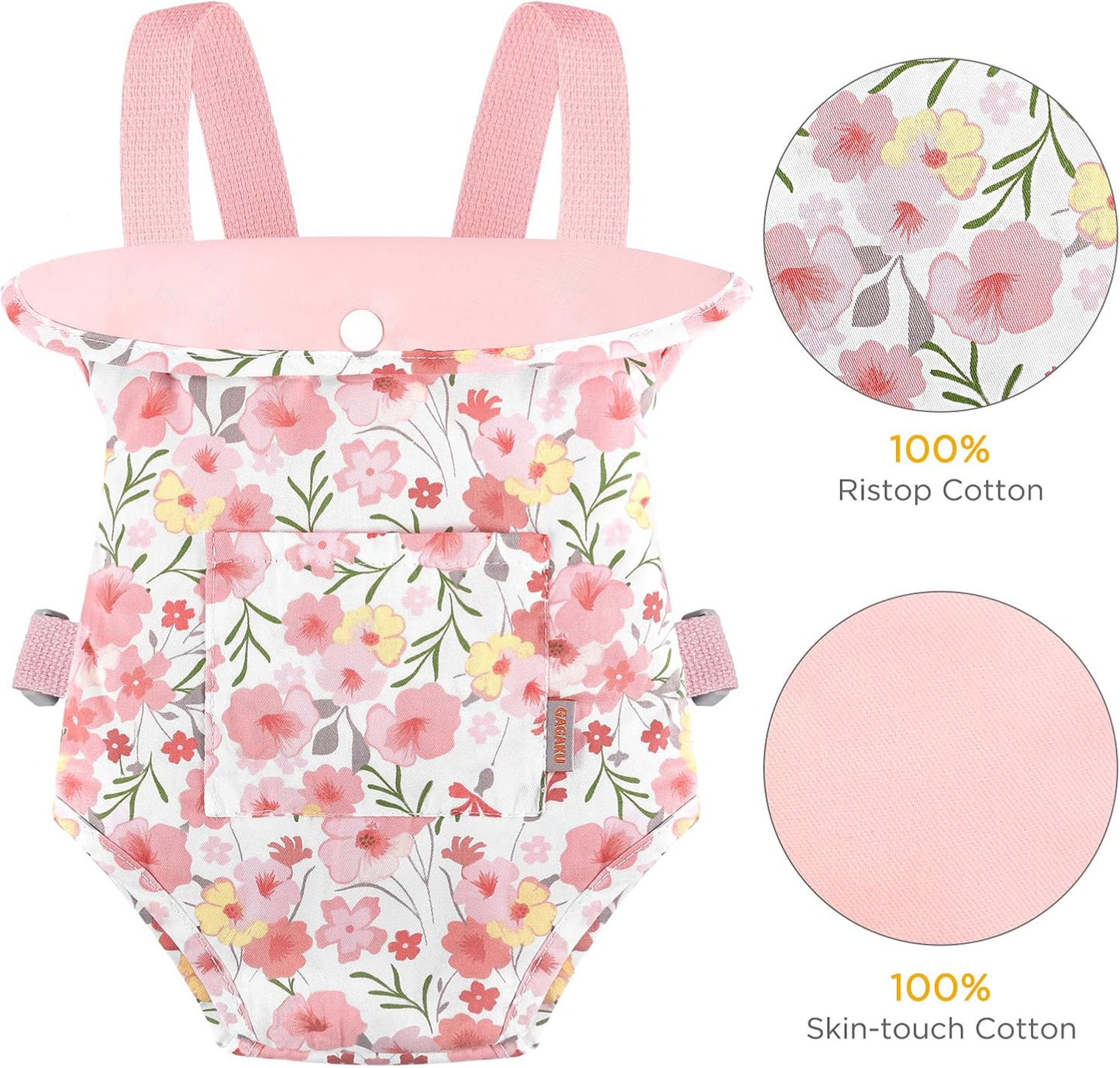 GAGAKU Baby Doll Carrier for Little Girls, Reborn Doll Accessories for Toddlers 3+ Years Old, Kids Toy Baby Dolls Sling Carrier - Pink - Moonflower