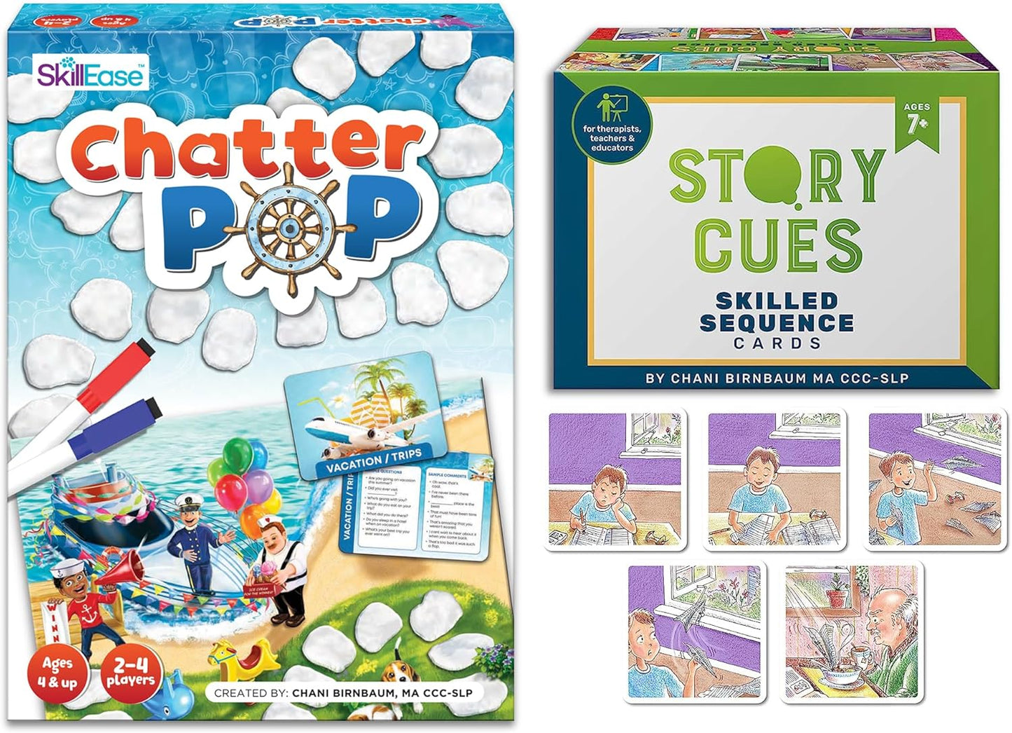 SkillEase Chatter Pop and Story Cues Bundle, Sequencing Cards, Speech Therapy Material, Conversation Cards, to Build Social Skills