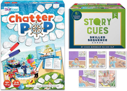 SkillEase Chatter Pop and Story Cues Bundle, Sequencing Cards, Speech Therapy Material, Conversation Cards, to Build Social Skills