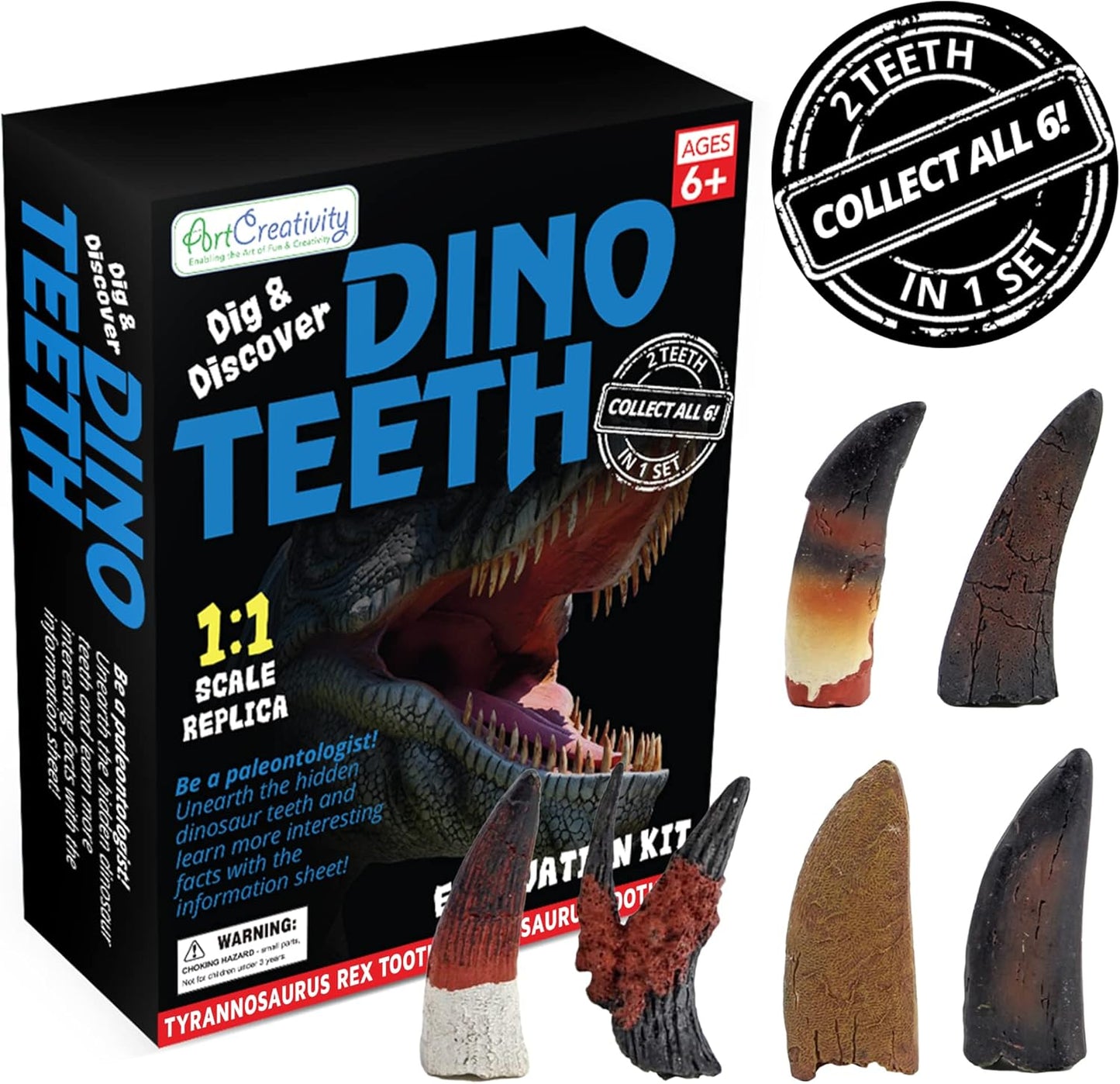ArtCreativity Dino Teeth Dig and Discover Excavation Kit for Kids, Includes T-rex and Tarbosaurus Toy Fossil Teeth with 2 Digging Tools, Interactive Dinosaur Gifts for Boys and Girls