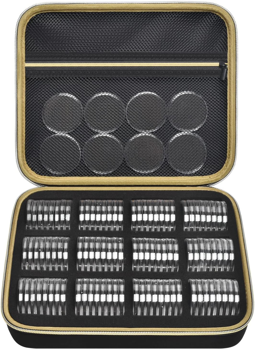 PAIYULE 96 Pieces 46mm Coin Capsules, with Foam Gasket and Plastic Storage Organizer Box, 6 Sizes (20/25/27/30/38/46mm) Coins Collector Case Holder for Coin Collection Supplies(Black)