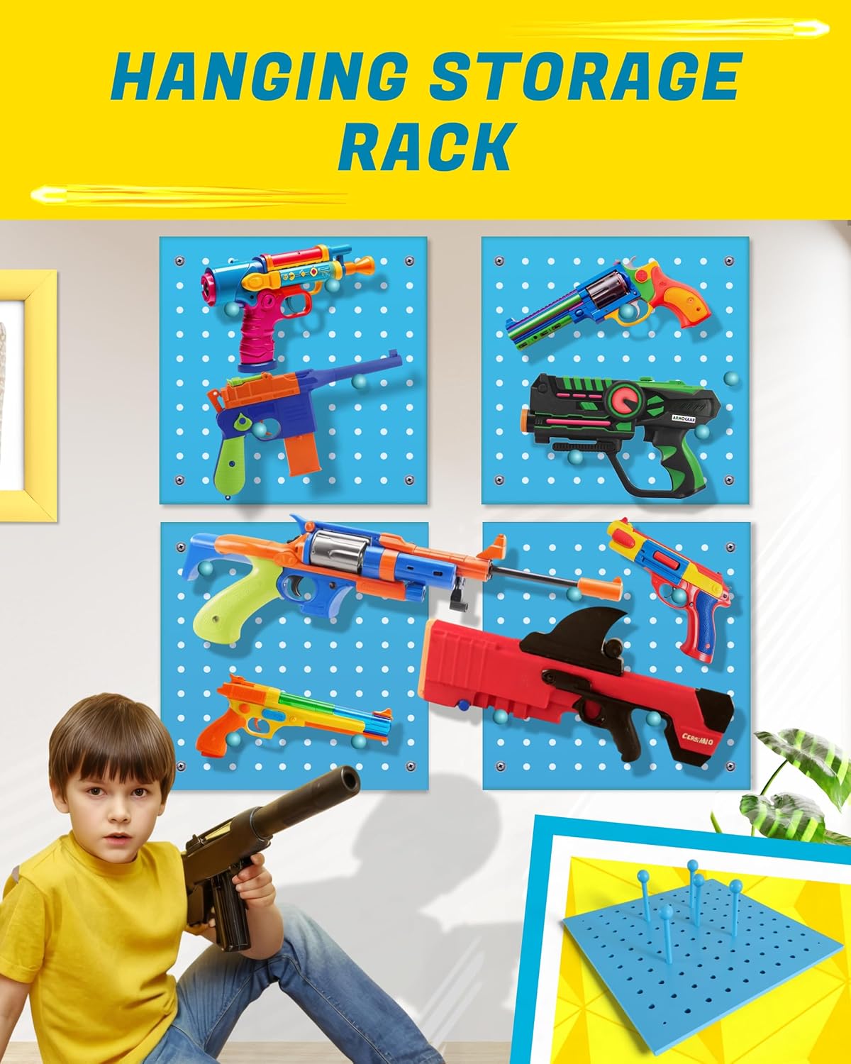 Skywin Wooden Pegboard for Nerf Gun Storage, Nerf Gun Wall Mount Eagle Shape, Compatible with All Blasters, Rack for Wall Organization - Birthday Gift for Kids (Orange)