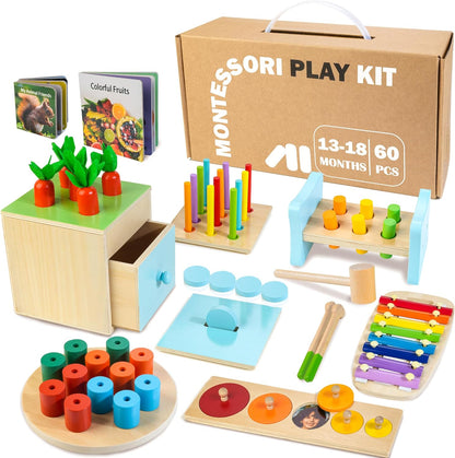 WOODMAM Montessori Toys for Babies 7-12 Months, 9 in 1 Educational Wooden Toys Set, Includes Object Permanent Box, Stacking Cups, Mirror Puzzle, Ring Stacker and More