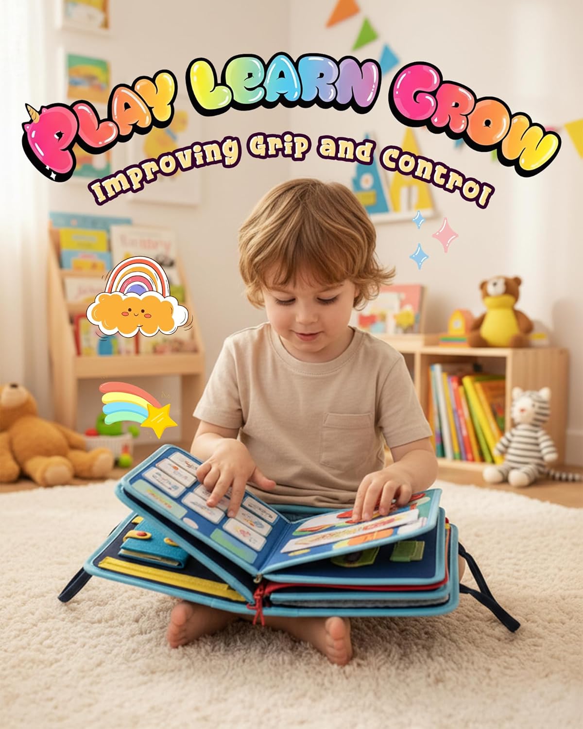 Montessori Busy Book for Toddlers, 8-Page Sensory Activity Book for Fine Motor Skills & Basic Dress Learning, Portable Travel Toy for Preschool Kids, Birthday Gift for Boys and Girls (Blue)