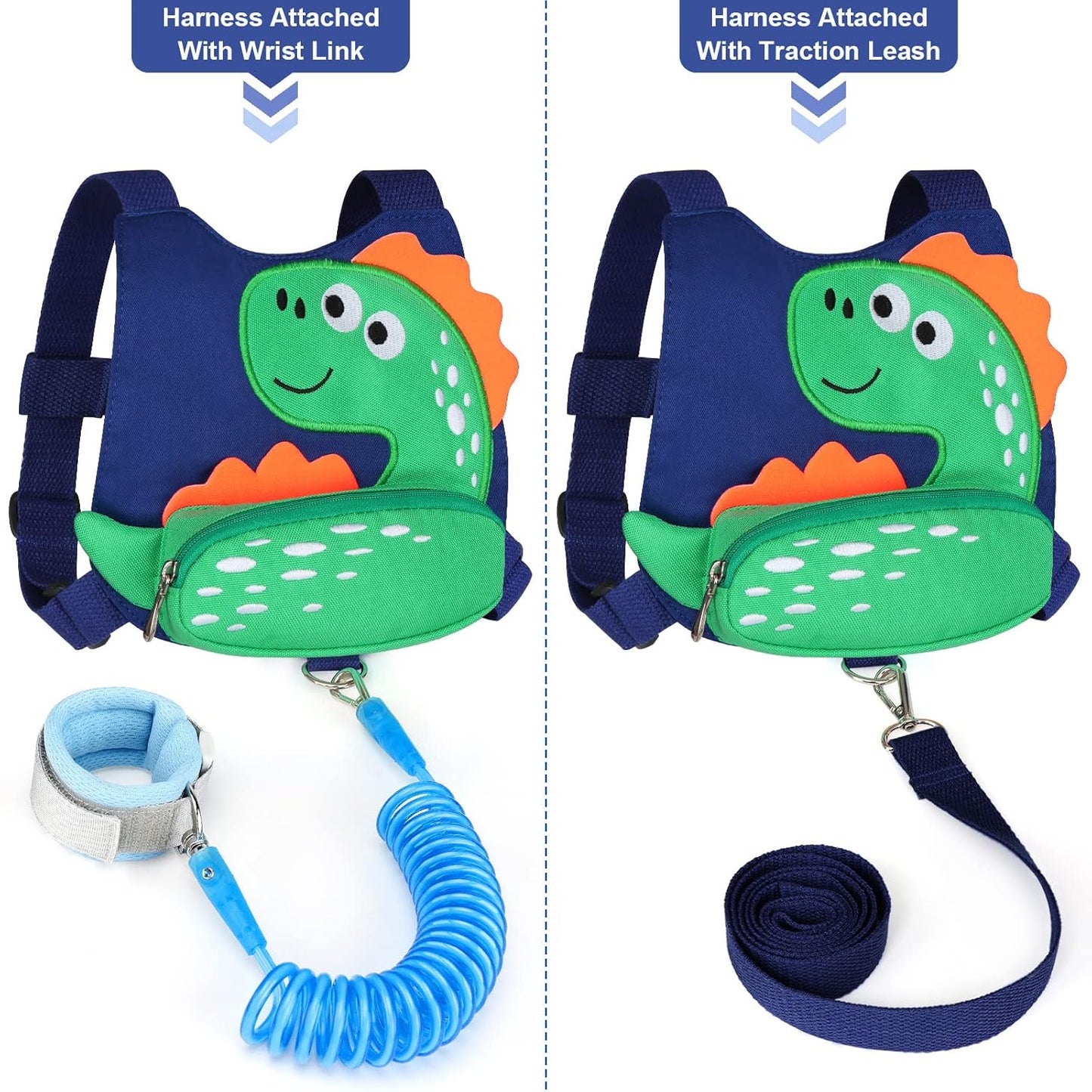 3 in 1 Toddler Harness Leash + Baby Anti Lost Wrist Link, Accmor Cute Dinosaur Child Safety Harness Tether, Kids Walking Wristband Assistant Strap Belt for Parent Boys Outdoor Activity (Black)