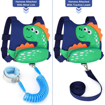 3 in 1 Toddler Harness Leash + Baby Anti Lost Wrist Link, Accmor Cute Dinosaur Child Safety Harness Tether, Kids Walking Wristband Assistant Strap Belt for Parent Boys Outdoor Activity (Black)