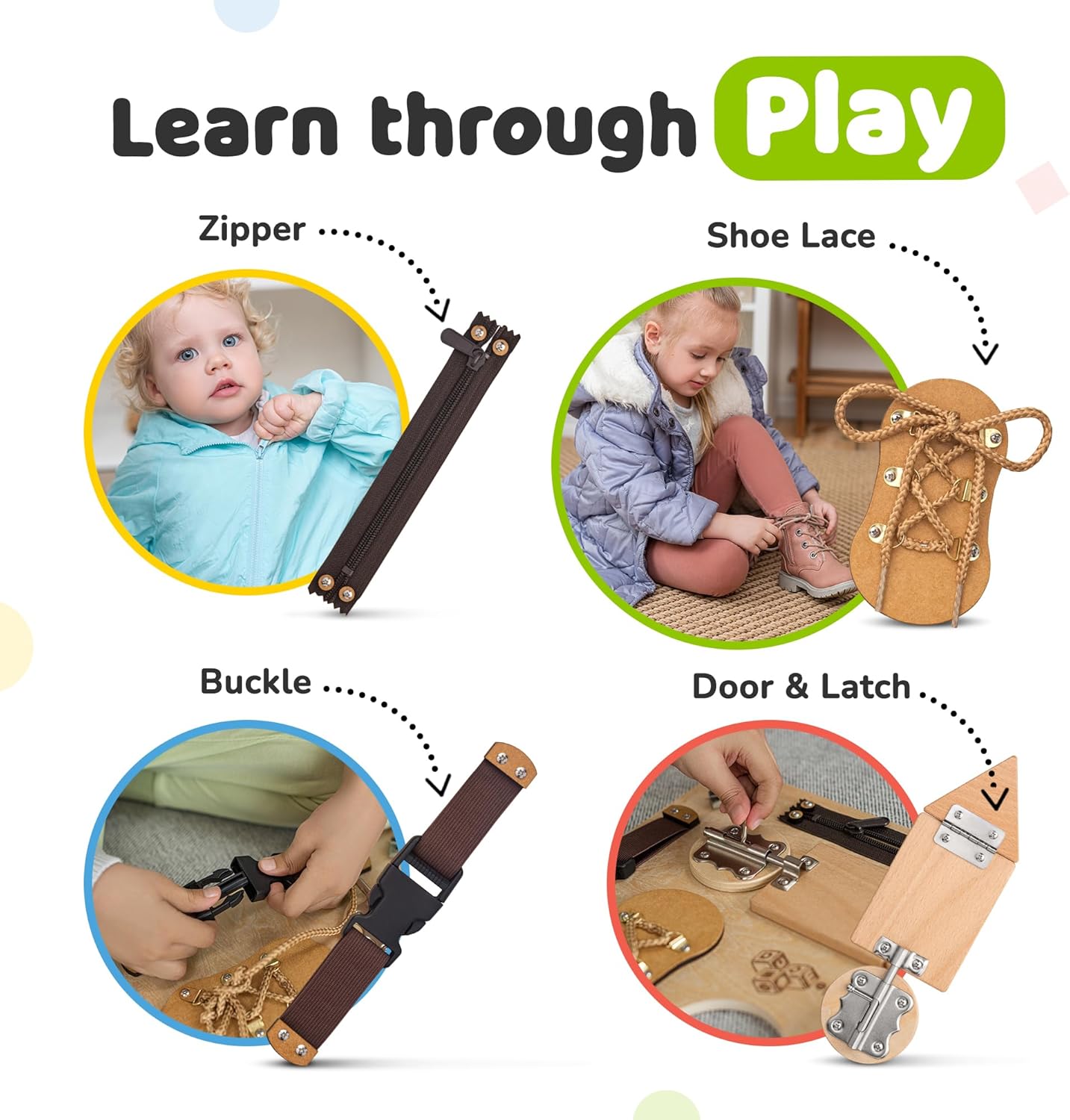 deMoca Toddler Busy Board for 1 Year Old, Travel Baby Wooden Montessori Busy Board for Toddlers 1–3, Switch and Fidget Activities for Early Motor Skills and Travel Play