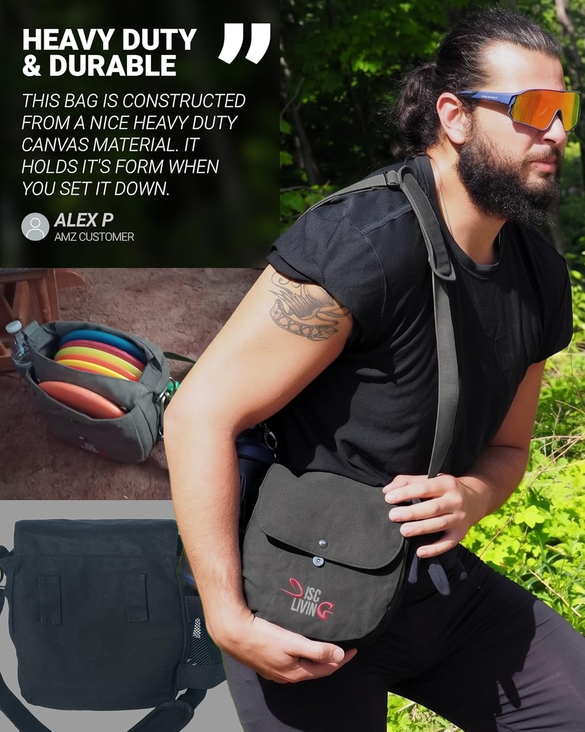 Disc Golf Bag | Frisbee Golf Bag | Easy to Carry | Lightweight Fits Up to 10 Discs | 16 oz Waxed Canvas Sturdy Design | Belt Loop | Double Button Design | Bottle Holder