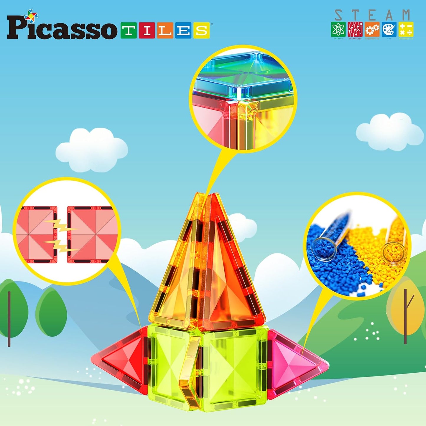 PicassoTiles 60 pcs Mini Magnetic Tiles Magnet Toys Travel-Friendly On-The-Go Building Blocks for Kids Compact Lightweight Creative playset Preschool Montessori Early Learning STEM Kids Toy Ages 3+.