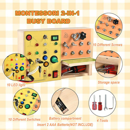 Busy Board with LED Light, Screws and Key, 3-in-1 Montessori Screwdriver Board, Wooden Switch Board, Montessori Toys for Toddler 3 4 5 Year Old, Fine Motor Skill Toys Birthday for Kids