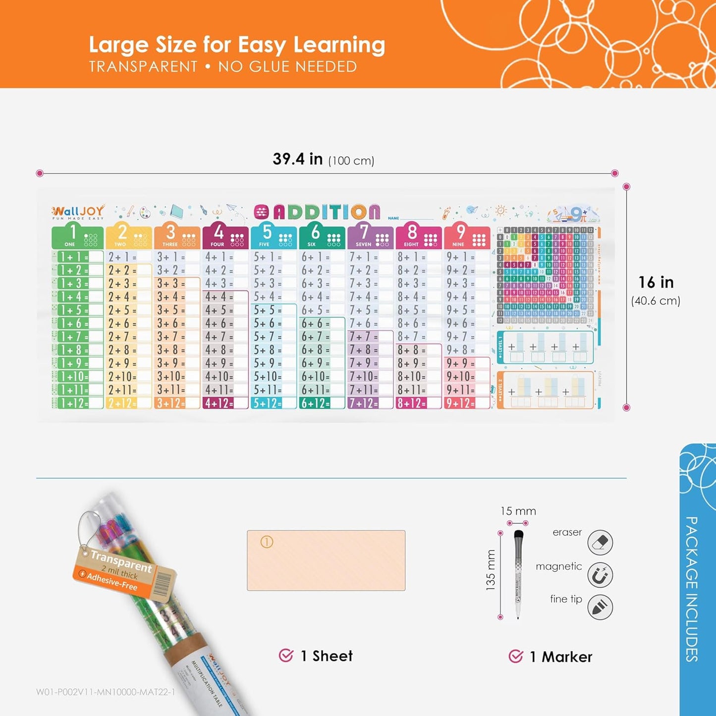 Large Dry Erase Multiplication Chart – 39.4x16” Clear Times Table Chart, Reusable Write & Wipe Multiplication Table Chart, Educational Dry Erase Color Multiplication for Kids, Sticks to Any Surface