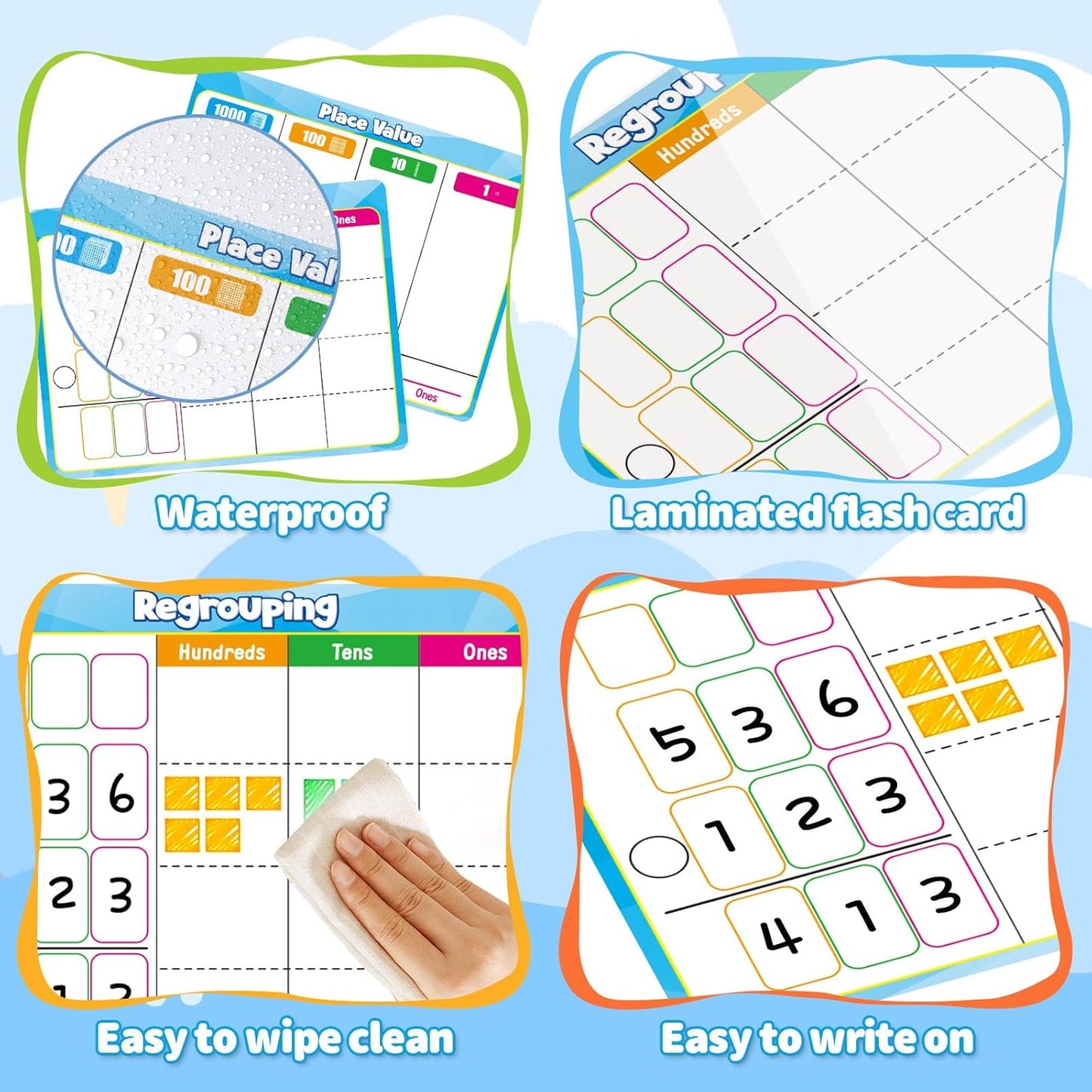 12 Pack Place Value Chart Dry Erase Flash Cards,9" x 12" Base Ten Addition and Subtraction Regrouping Math Manipulatives 1st 2nd 3rd Grade Classroom Must Haves Teacher Homeschool Supplies