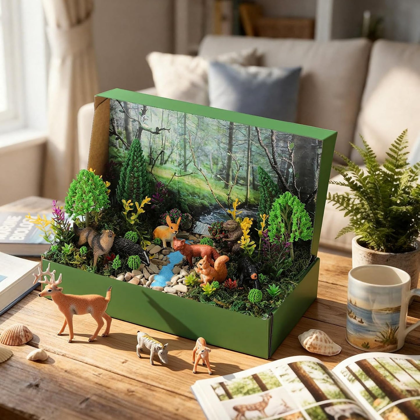 Teyva Daily 48 Pcs Dinosaur Diorama Kit Habitat Project Box Set 3D Dinosaurs Diorama Supplies Include Dinosaurs Model Figures & Eggs Volcano Artificial Trees with Cardboard for DIY Crafts Gifts
