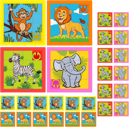 Simgoing 24 Pieces Animals Slide Puzzle Fun Brain Teaser Toys Games Monkey Zebra Lion Elephant Cute Pattern, Develops Problem-Solving Skills for Homeschool Classroom VBS Learning, 2.4 x 2.4 Inch