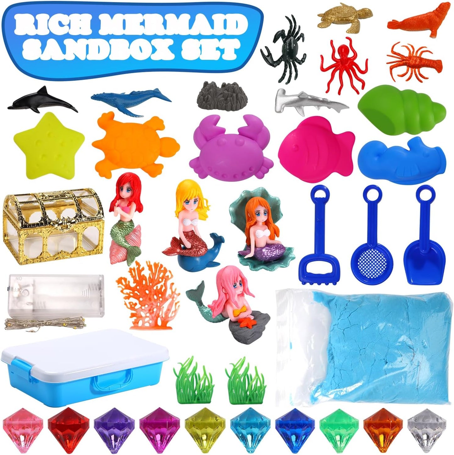 GAIETYDIY Mermaid Sensory Bin for Girl, Magic Sand Art Kit with LED Light, 2.2lbs Sensory Sand, Ocean Sea Animals, Sand Box with lid, Mermaid Toy Christmas Birthday Gift for Girls Ages 3 4 5 6 7 8…