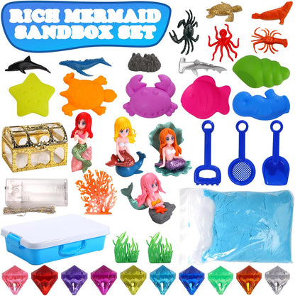 GAIETYDIY Mermaid Sensory Bin for Girl, Magic Sand Art Kit with LED Light, 2.2lbs Sensory Sand, Ocean Sea Animals, Sand Box with lid, Mermaid Toy Christmas Birthday Gift for Girls Ages 3 4 5 6 7 8…