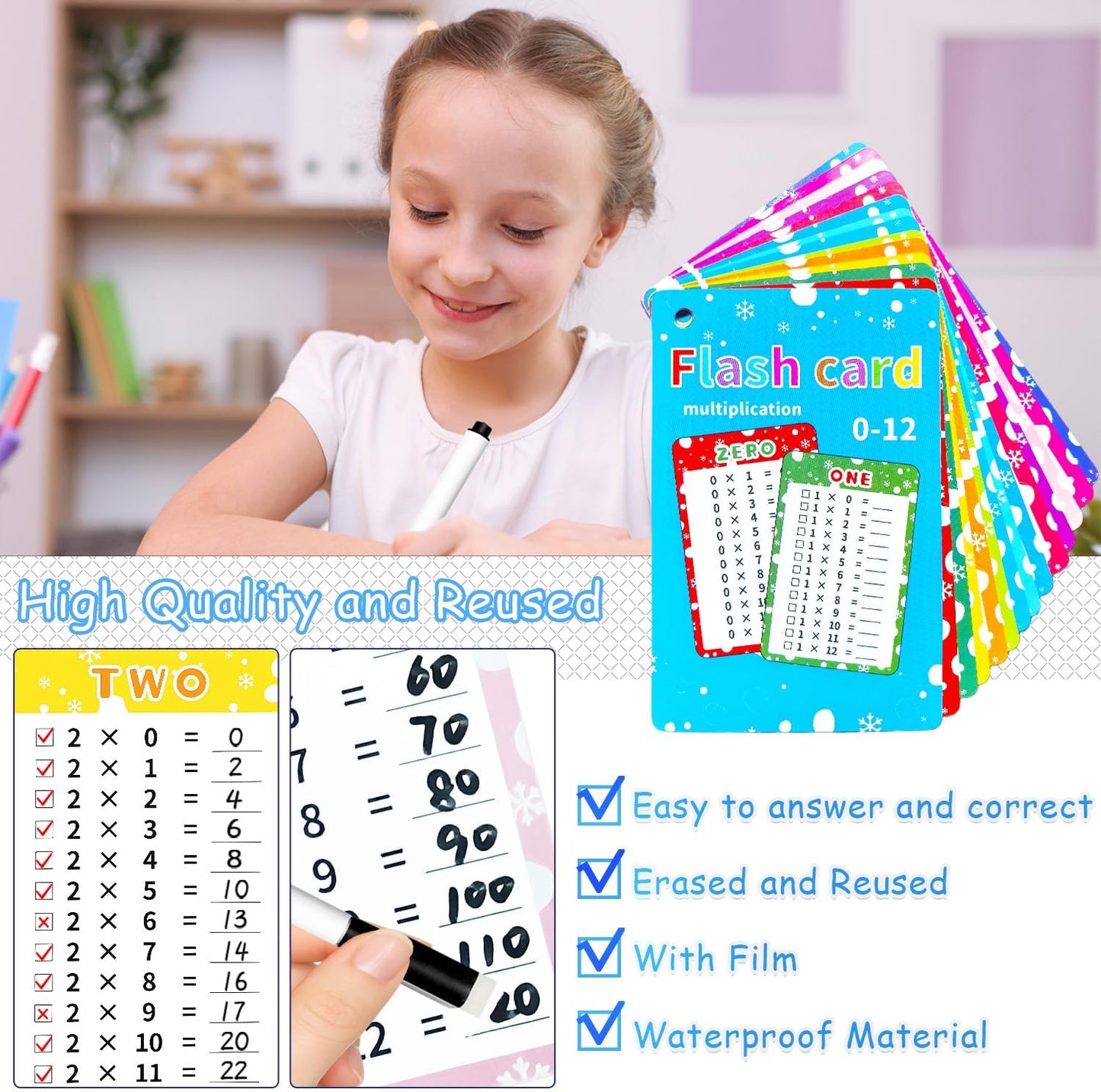 0-12 Multiplication Flash Cards, Large Educational Math, Times Table Flashcards Chart, with 15 Cards, 2 Dry Erase Markers, 1 Rings, Educational Multiplication for Classroom Home