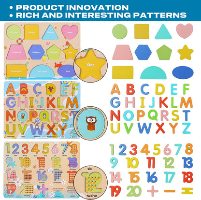 Wooden Puzzles for Toddlers, Voamuw Alphabet Number Shape Learning Education Preschool Toys for Kids Ages 3-6 Years Old (Set of 3)