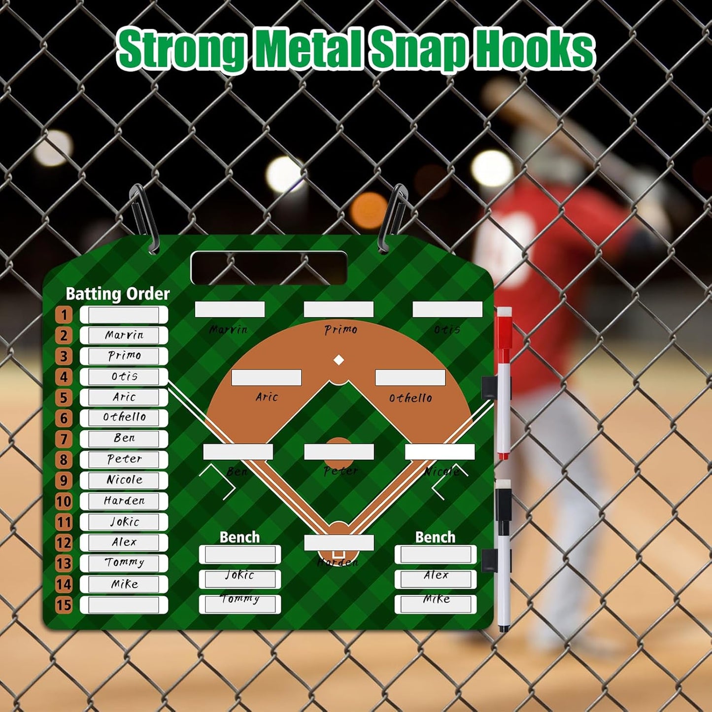 Baseball Coach Clipboard, Anglecai Double-Sided Dry Erase Baseball Lineup Board for Softball Dugout Board Baseball Coaching Board with 30 Lineup Card/ 10 Magnet/2 Marker/2 Hook (Green)