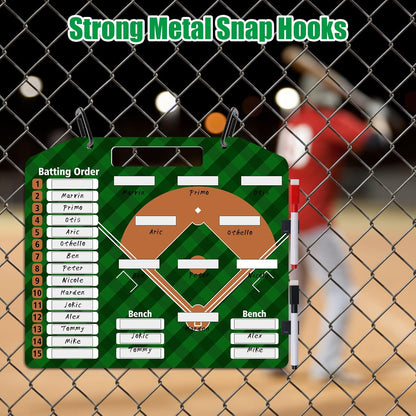 Baseball Coach Clipboard, Anglecai Double-Sided Dry Erase Baseball Lineup Board for Softball Dugout Board Baseball Coaching Board with 30 Lineup Card/ 10 Magnet/2 Marker/2 Hook (Green)