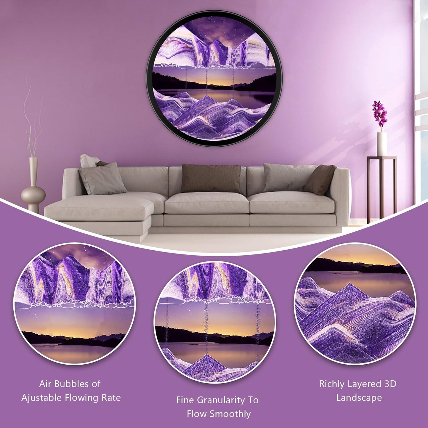 17.3" Moving Sand Art, 3D Sand Art Pictures Deep Sea Sandscape Living Room Decoration, 360° Rotate, Glass Crafts Solid Wood Frame, Relaxing Mood Home Office Work Wall Art Decor