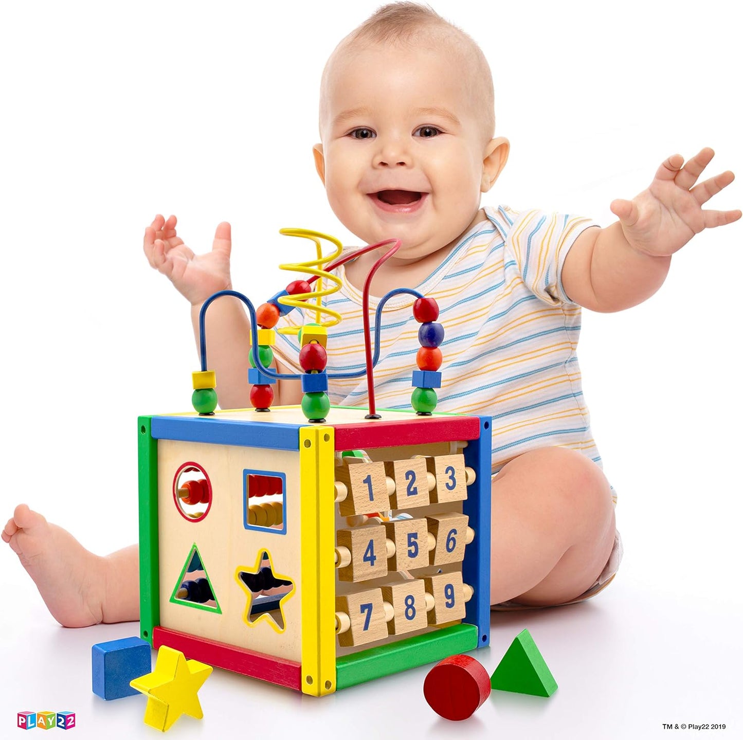 Play22 Wooden Activity Cube for Baby - 6 in-1 Baby Activity Play Cube with Bead Maze, Shape Sorter, Abacus Counting Beads, Counting Numbers, Sliding Shapes, Removable Bead Maze, 8Pcs Stacking Cups
