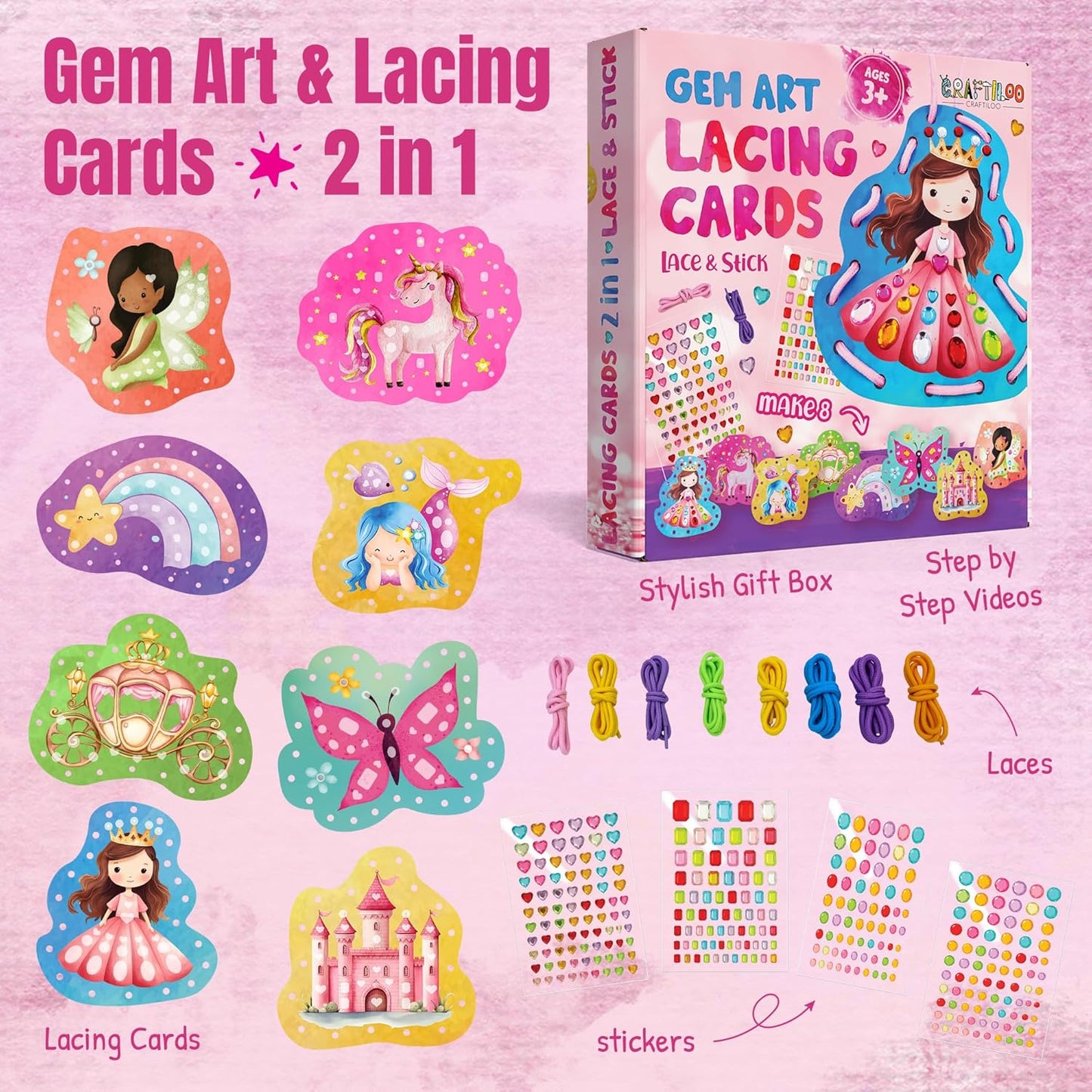 CRAFTILOO Lacing Cards for Kids Ages 3-5 - 8 Princess Sewing Cards with Gem Stickers, Toddler Lacing Toy, Fine Motor Preschool Threading Activity for Ages 4-8
