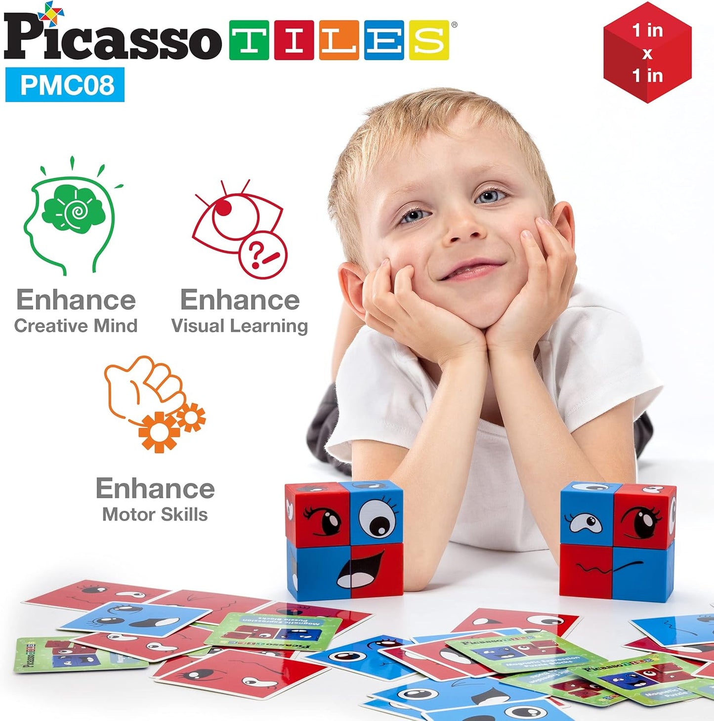 PicassoTiles Magnetic Expression Puzzle Cubes + Letters Numbers Drawing Board, 8pc Magnet Blocks w/ 36 Emotion Game Card Include, ABC A-Z Letter, Number, Freestyle Writing Erasable Magnet Tablet Pad