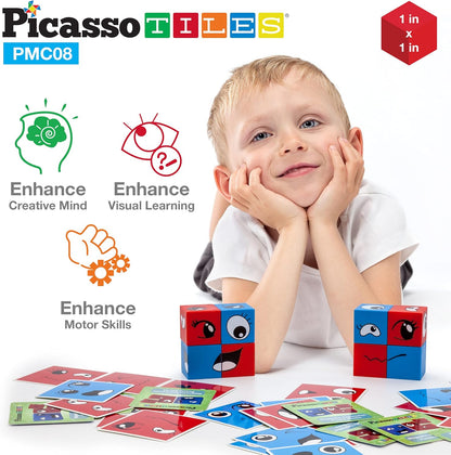 PicassoTiles Magnetic Expression Puzzle Cubes + Letters Numbers Drawing Board, 8pc Magnet Blocks w/ 36 Emotion Game Card Include, ABC A-Z Letter, Number, Freestyle Writing Erasable Magnet Tablet Pad