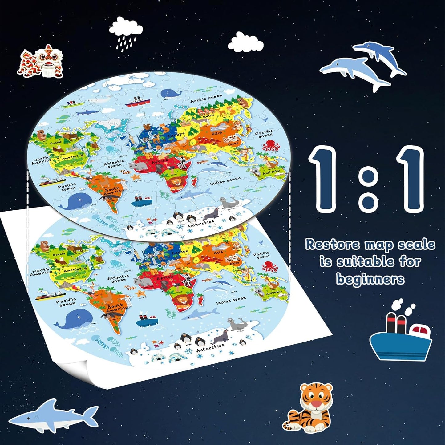 2 Sets World Puzzle United States Map Puzzle with Poster World and US Geography Jumbo Round Floor Puzzles Jigsaw for Kids Ages 3-5 Educational Learning Toys Puzzles Valentines Birthday Gift 70 Pieces