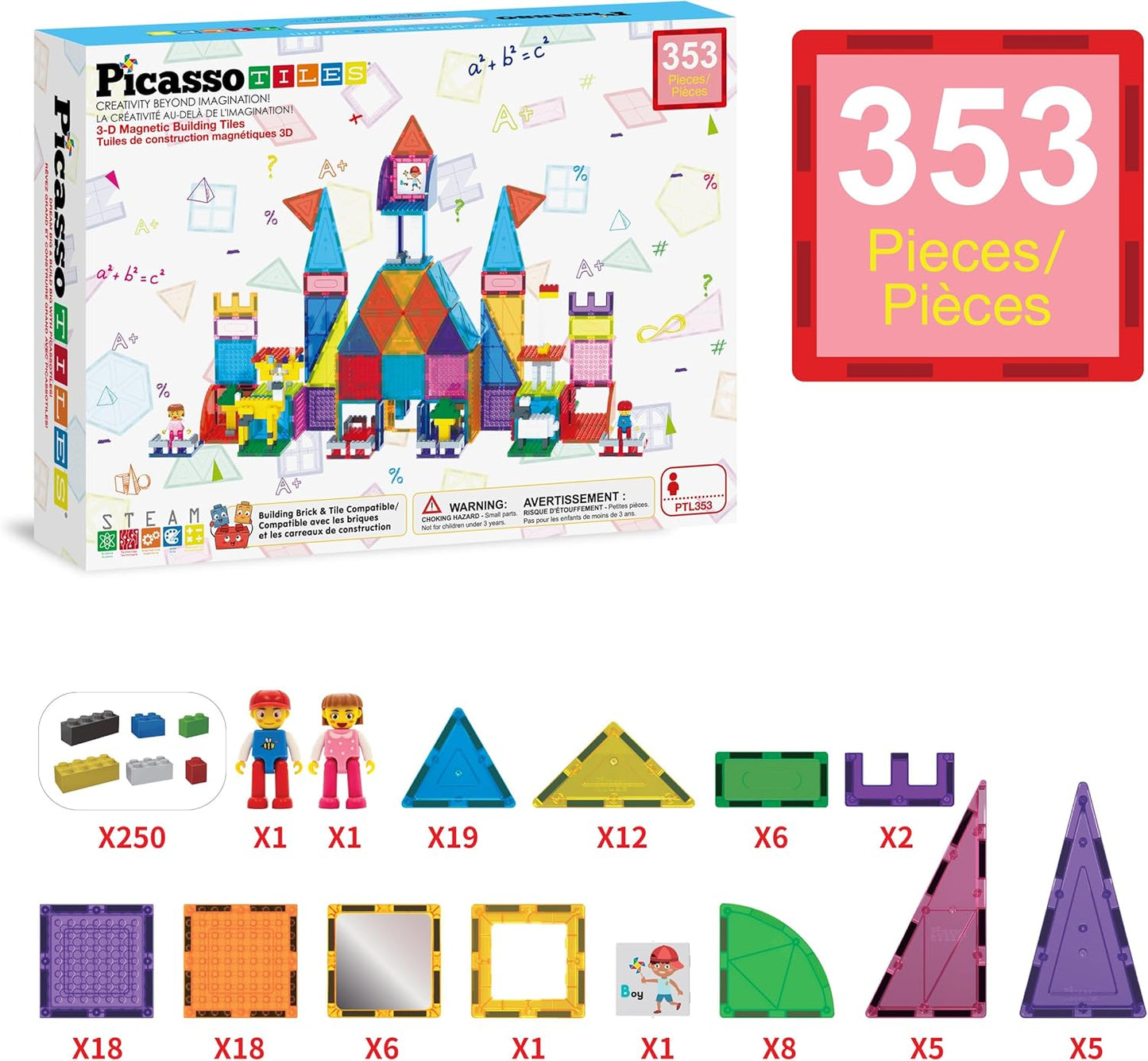 PicassoTiles 333pcs Magnetic Brick Tile and Magnetic Tile Combo Set, Action Figures included, Building Blocks STEM Toys, Educational Montessori Preschool Toddler classroom learning toys, Kids activity