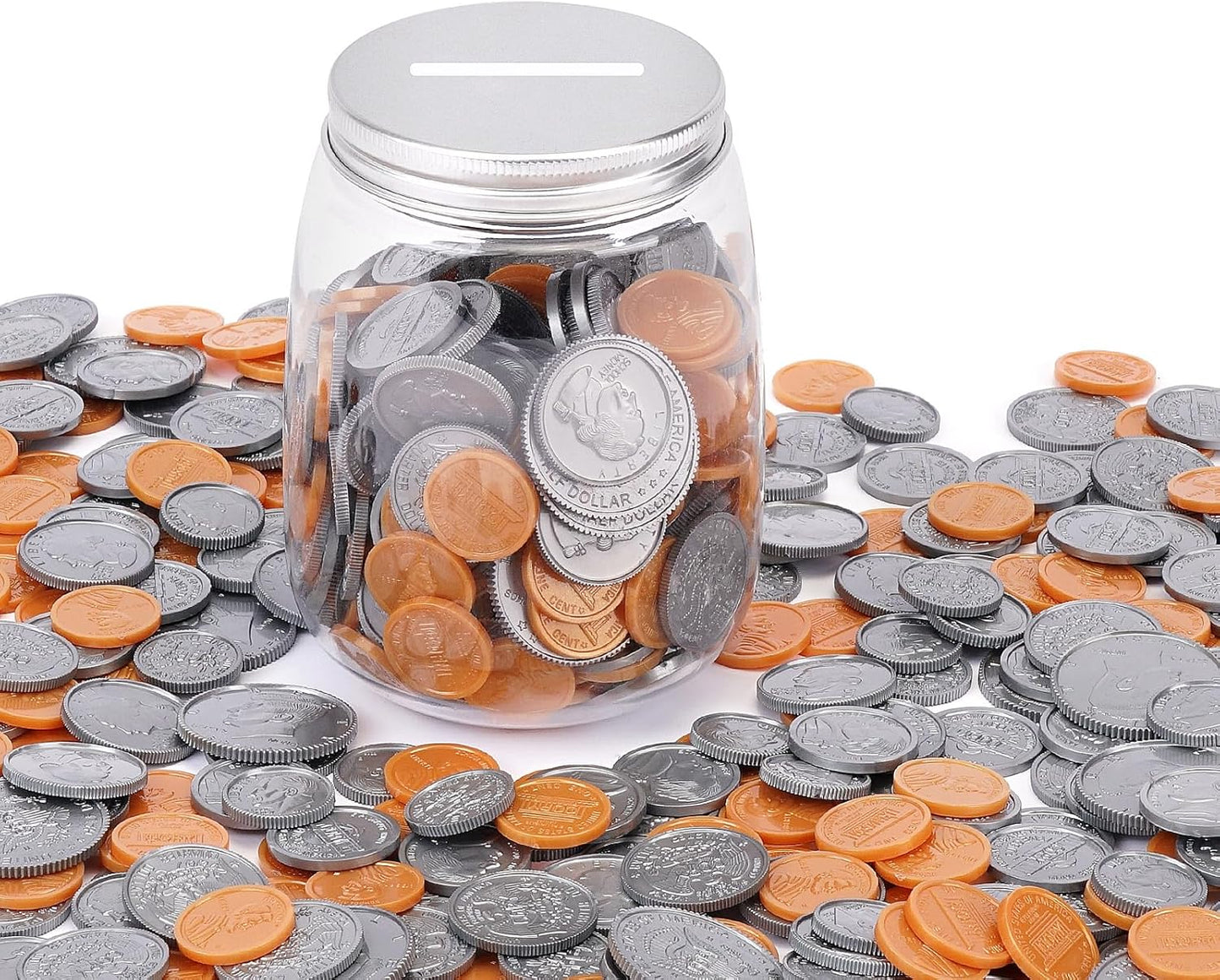 Play Money Coins for Kids, 250pcs Detailed Fake Money Coins with Coin Jar, Realistic Teaching Pretend Fake Money Coins Set, Plastic Toy Prop Fake Money Coins for Kids Learning Education Party
