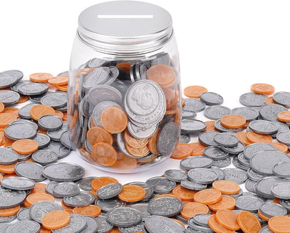 Play Money Coins for Kids, 250pcs Detailed Fake Money Coins with Coin Jar, Realistic Teaching Pretend Fake Money Coins Set, Plastic Toy Prop Fake Money Coins for Kids Learning Education Party