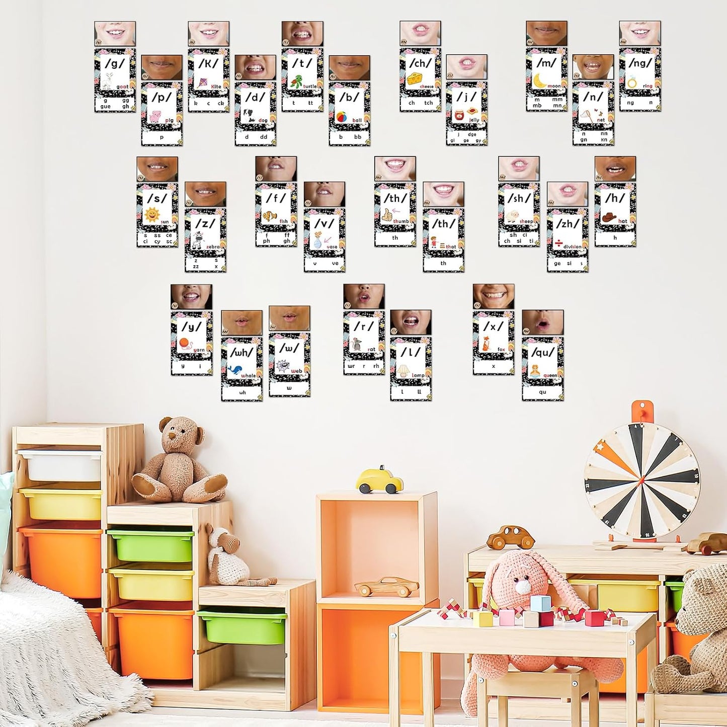 JarThenaAMCS 54Pcs Back to School Phonics Sound Wall Posters Phonetic Symbol & Mouth Shape Educational Cards for ESL Speech Therapy Classroom Teaching Reading Supplies