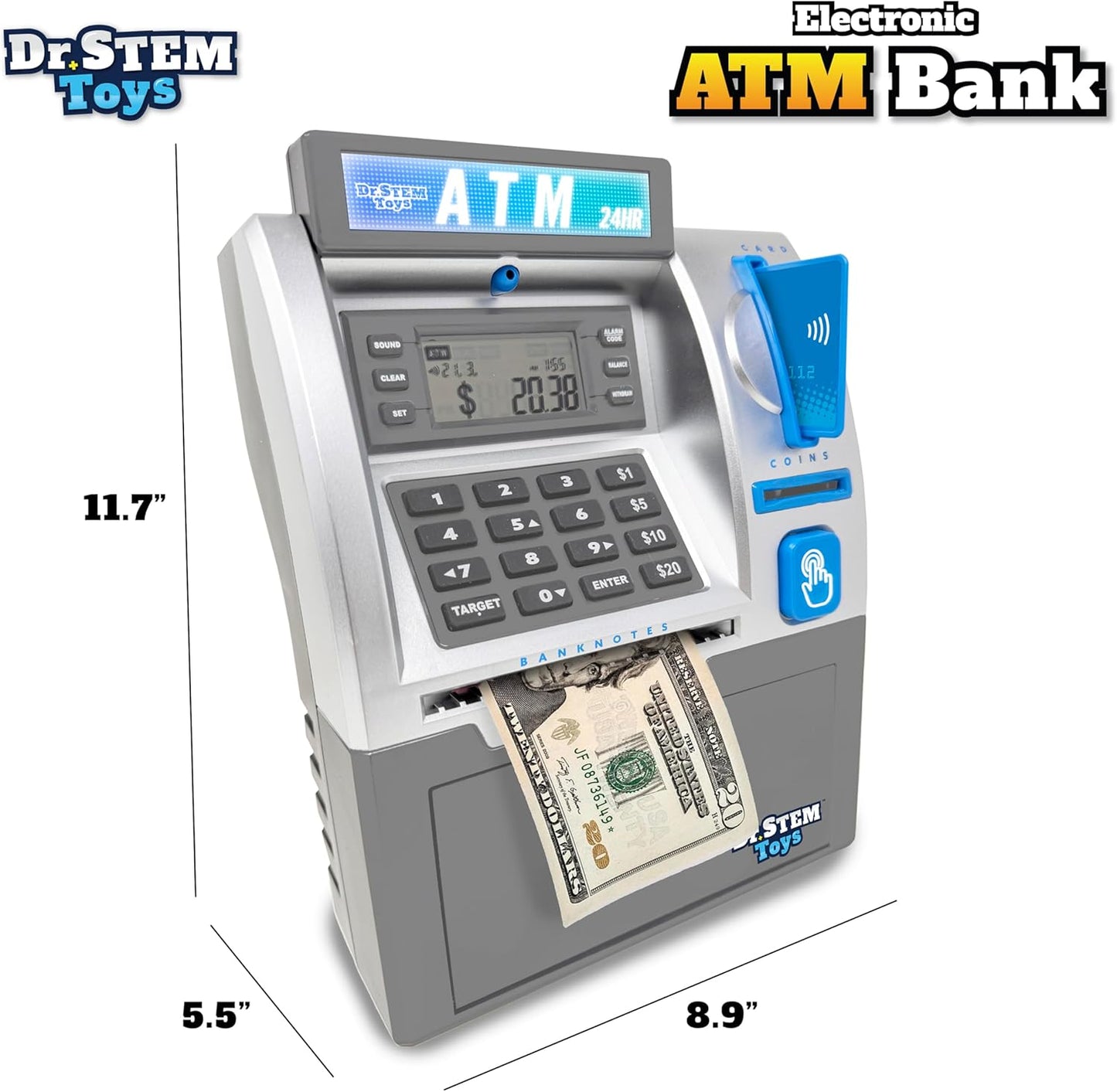 Dr. STEM Toys - Kids ATM Savings Bank – Electronic Piggy Bank with Bill Feeder, Coin Counter, and LCD – Educational STEM Toy for Children 5-12