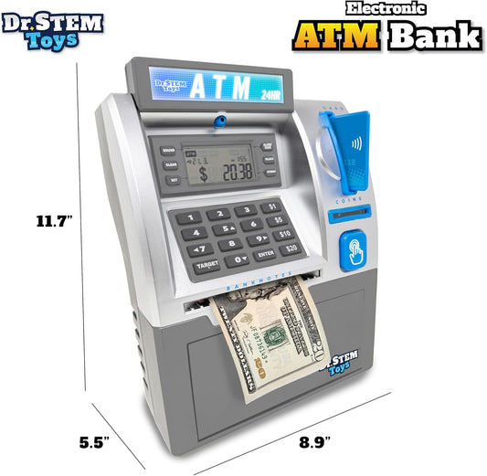 Dr. STEM Toys - Kids ATM Savings Bank – Electronic Piggy Bank with Bill Feeder, Coin Counter, and LCD – Educational STEM Toy for Children 5-12