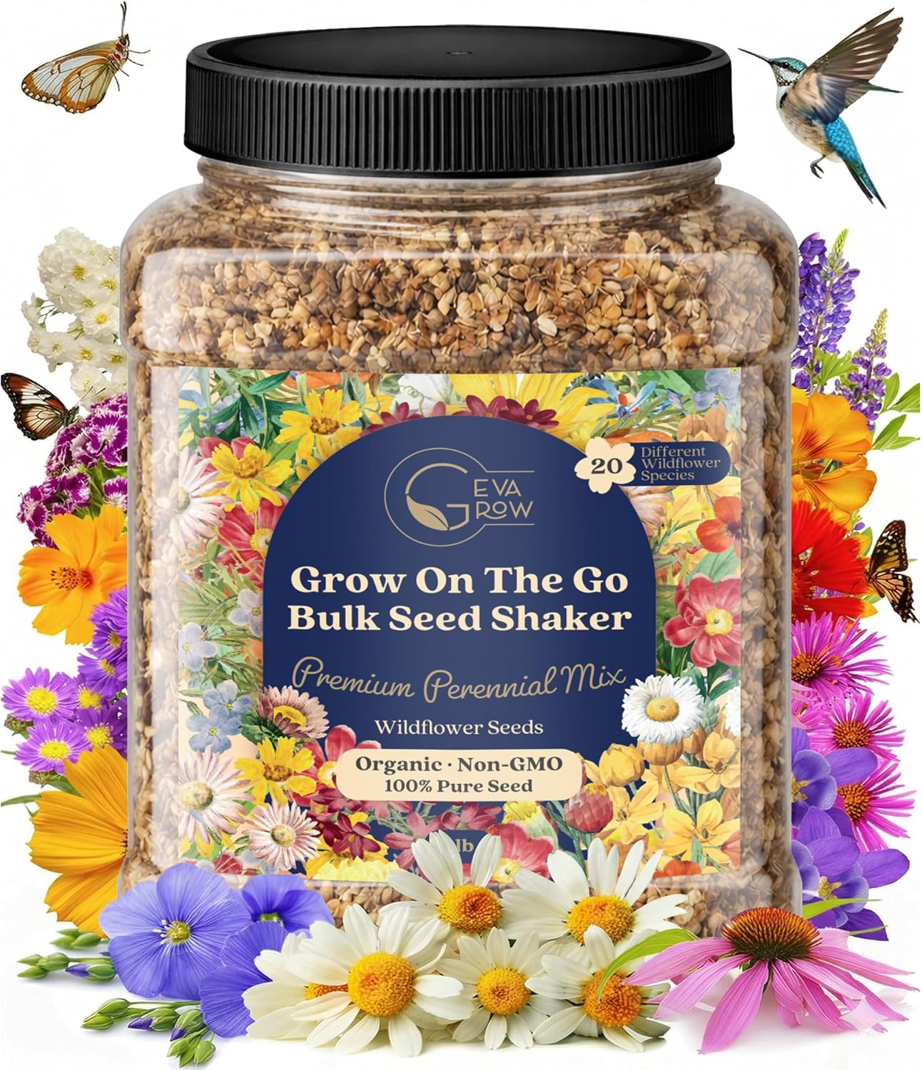 Mini Wildflower Seed Shaker - Save The Bees Seed Mix, by GevaGrow | 80,000+ Seeds | Pollinator & Bee Attracting Flower Seeds Bulk for Planting in Pots & Outdoor Gardens | 2 Ounce