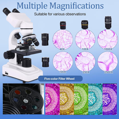 Microscope for Adults & Kids,40-2500X Binocular Microscope for School Lab & Home Schooling,with Mechanical Stages,Slides Set & Phone Holder
