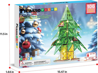 PicassoTiles Magnetic Tile Christmas Holidays Cottage Building Set with Santa Elves Nutcracker 6 Character Figures STEM Educational Construction Toy Winter Magnet Block Gift for Kids Age 3 Plus PTQ08