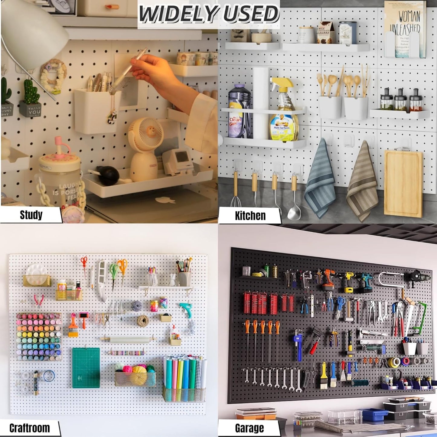 4Pcs Peg Board, Black Pegboard Wall Organizer Panels Wall Mount, ABS Pegboard for Craft Room Garage Kitchen Workshop, ABS Peg Boards Easy Installation