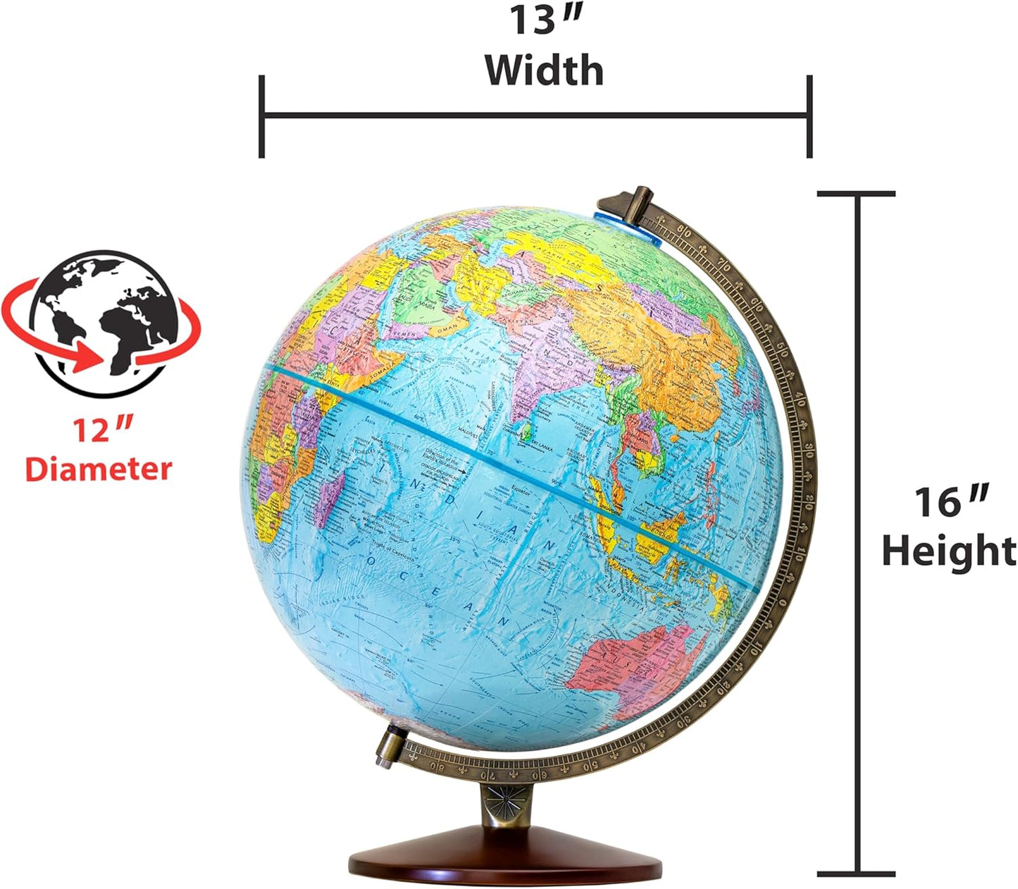 Replogle Illuminated World Globe with Stand, 12 Inch diamteter light up globe with 3-D Raised Relief Texture. Perfect for Children And Kid's Classroom and home Decor, Made In USA